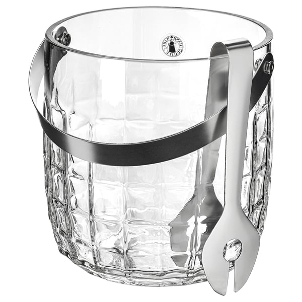 FRÖJDA ice bucket: clear, faceted glass, chrome handle & tongs, timeless design, practical for serving.
