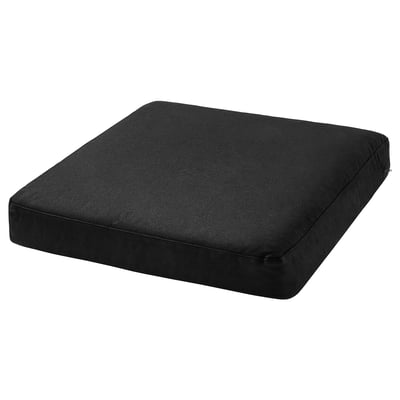 Black square cushion cover, made from recycled polyester, designed for outdoor use.