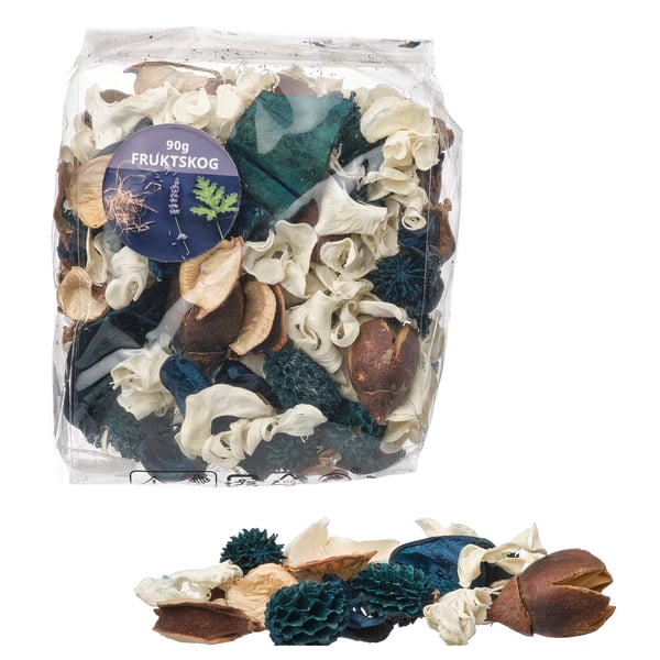 Clear bag of FRUKTSKOG scented potpourri with dried plant parts in various colors and shapes. Includes white, green, and brown pieces.