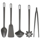 Six gray kitchen utensils: spoon, spatula, ladle, slotted spoon, tongs, and fork. Durable, non-stick, black plastic handles.