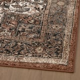 Rug close-up: intricate, faded, neutral tones. High-quality texture, durability evident.