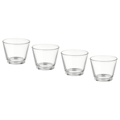 Four GALEJ glass tealight holders in clear color, stackable, simple and elegant design.