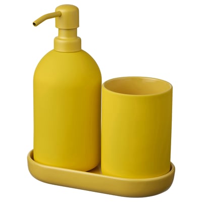 Bright yellow bathroom set includes a soap dispenser, toothbrush holder, and tray with minimalist design.