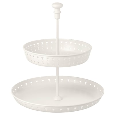 A white GARNERA 2-tier serving stand, made of steel and aluminum, with a heart-shaped design and a central support post.
