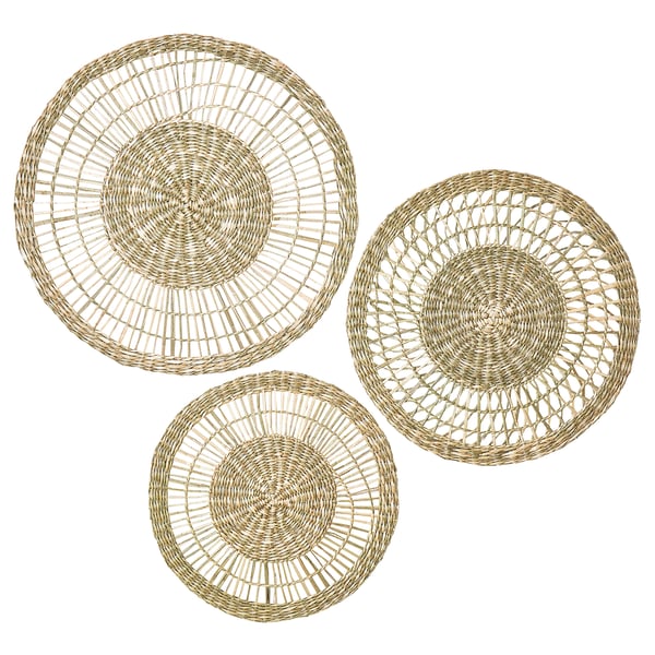 Three circular woven wall art pieces; natural sedge color, handcrafted, hanging design.