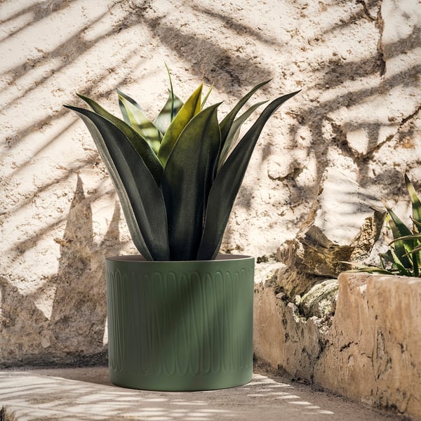 Cylindrical green stoneware planter