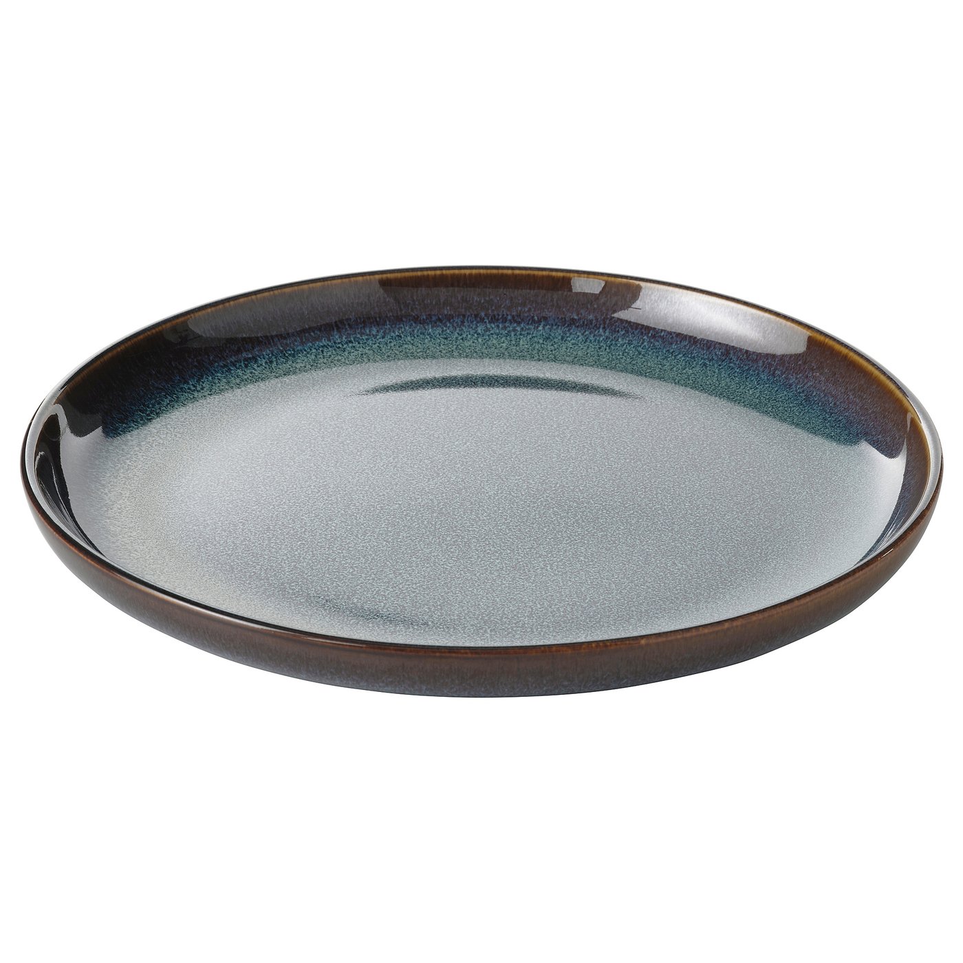 Round, ocean-blue GLADELIG side plate with golden rim, stoneware material, unique handcrafted design.