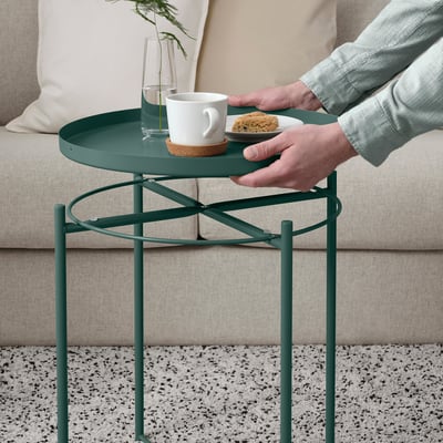 GLADOM round side table in green with removable tray, metal legs and frame. Easily portable.