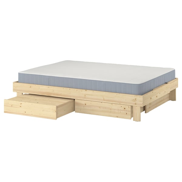 GLAMBERGET extendable bed with untreated pine wood frame, blue-grey mattress, and 2 storage drawers.