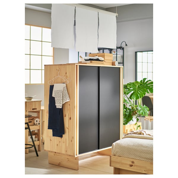 GLAMBERGET Wardrobe with 3 sliding doors, pine/black, 117x63x150 cm