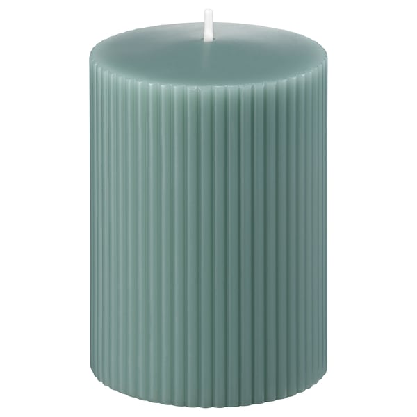 GLASBJÖRK blue-green candle, ribbed, cylindrical, wax & cotton wick.