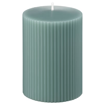 GLASBJÖRK blue-green candle, ribbed, cylindrical, wax & cotton wick.