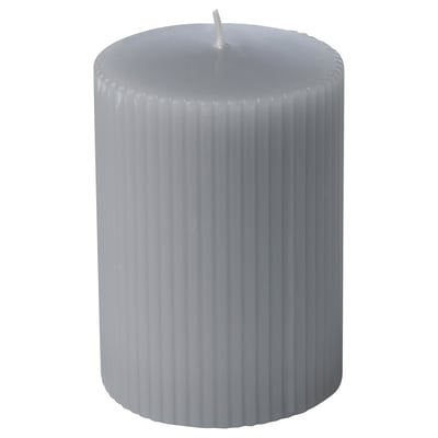 GLASBJÖRK: gray cylindrical candle with ribbed design, made from paraffin and plant wax, cotton wick.