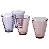Four purple, diamond-patterned tempered glass cups, neatly arranged in a row, showcasing a stylish and colored table setting.
