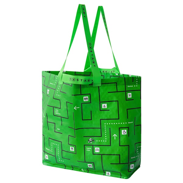 Bright green tote bag with maze game design, sturdy handles, recycled polypropylene base, trendy and playful.