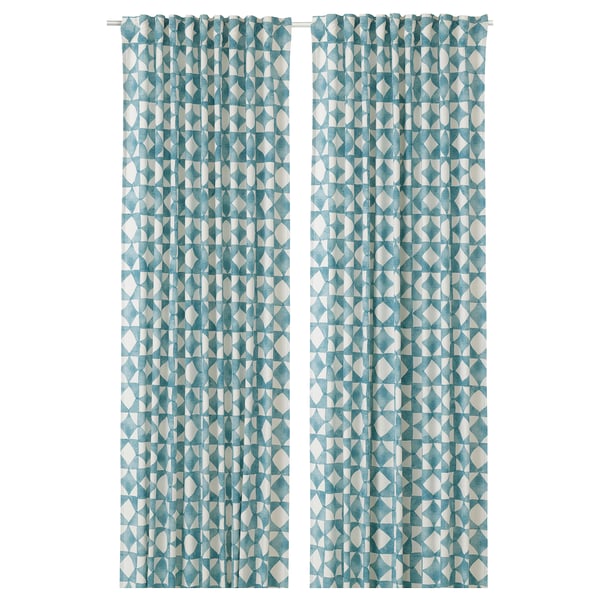 Pair of blue cotton/jute geometric pattern curtains.