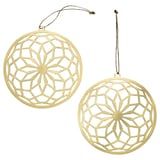 Two gold, round, hanging ornaments with intricate cut-out floral designs, made from stainless steel with jute string.