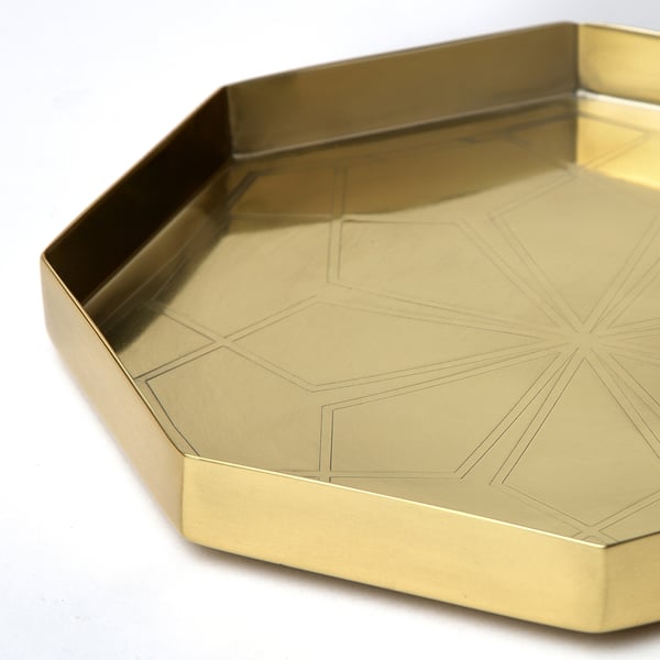 Octagonal gold tray with engraved floral pattern, sturdy edge, and polished finish.