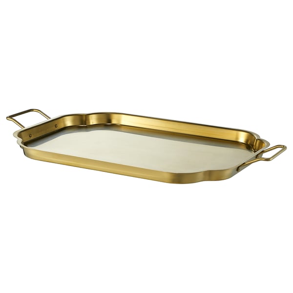 Gold GOKVÄLLÅ tray with metallic handles. Stainless steel with brass finish. Great for serving and decor.