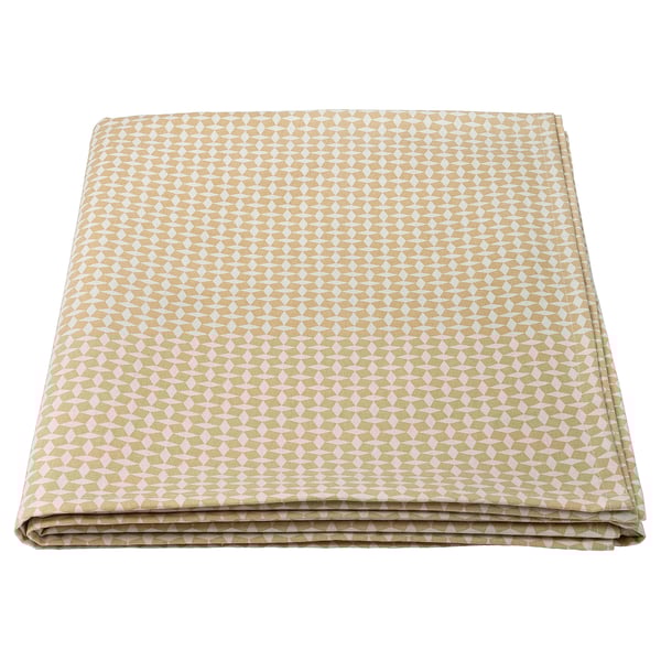A beige GOKVÄLLÅ tablecloth, featuring a mosaic check-diamond pattern, made of 90% cotton and 10% jute.