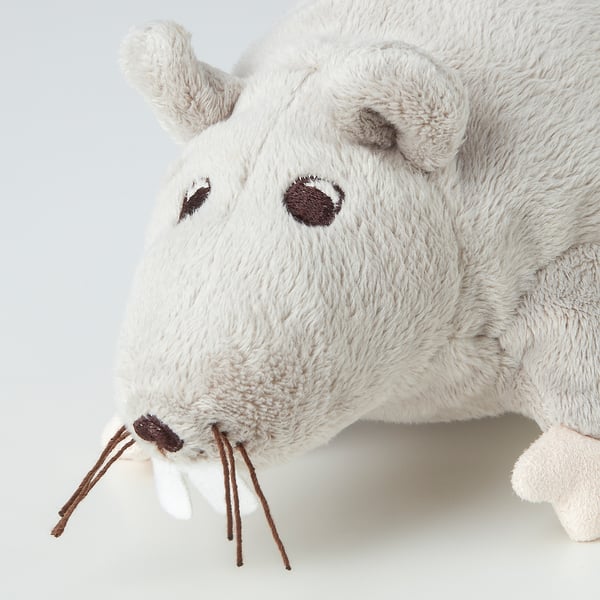 A plush toy mouse with soft, white fur, tiny black eyes, and long, thin legs. Perfect for cuddling, appearing very huggable and well-made.