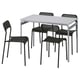 Black plastic chairs and gray metal table set. Modern, stackable design.