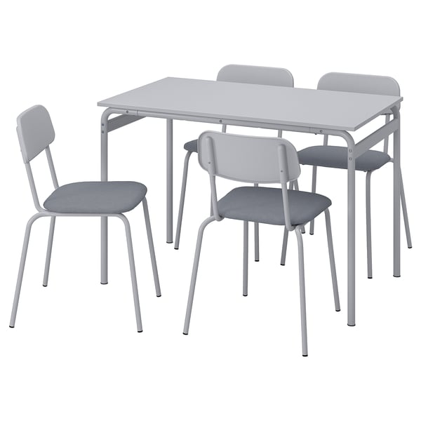 A gray gräsala dining set with a rectangular table and four fabric upholstered chairs.