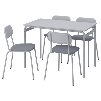 A gray gräsala dining set with a rectangular table and four fabric upholstered chairs.