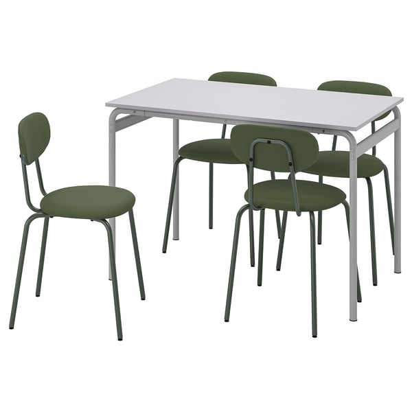 GRÅSALA set: white rectangular table, four green chairs. Metal frames, smooth tabletop. Space-saving, sturdy design.
