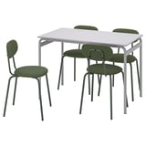 GRÅSALA set: white rectangular table, four green chairs. Metal frames, smooth tabletop. Space-saving, sturdy design.