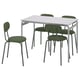 GRÅSALA set: white rectangular table, four green chairs. Metal frames, smooth tabletop. Space-saving, sturdy design.