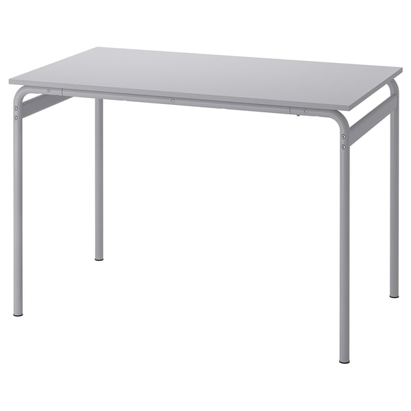 Gray GRÅSALA metal table with rectangular top and smooth melamine surface, four sturdy legs, minimalist design.