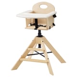A GRÅVAL natural-colored wooden high chair for children. It a removable tray, adjustable height, and safety belt.