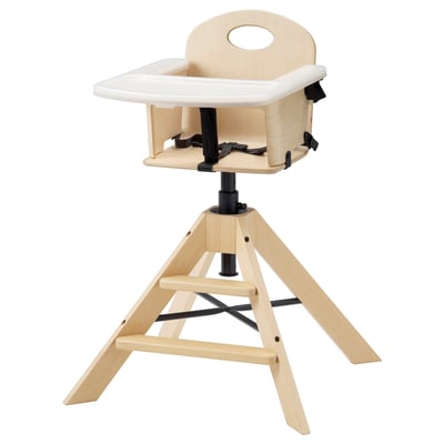 A GRÅVAL natural-colored wooden high chair for children. It a removable tray, adjustable height, and safety belt.