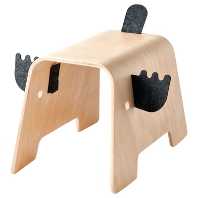 A wooden toy, GREJSIMOJS, shaped like an elephant with felt details. Its beige and black, designed with simple, child-friendly curves.