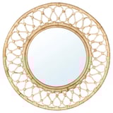 GRINSBOL round mirror: natural woven rattan frame around clear glass.
