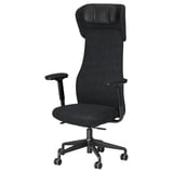 Black office chair with high back, armrests, and wheels. Upholstered in polyester fabric, designed for comfort and support.