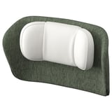 Green and white ergonomic seat cushion. Curved design with padded support.