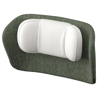Green and white ergonomic seat cushion. Curved design with padded support.