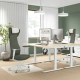 Modern office with 2 green GRÖNFJÄLL chairs, adjustable desks, monitors, large window, curtains, plant, side table.