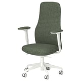 Green office chair, white frame, adjustable arms.