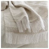 Close-up of cozy, textured throw with fringe edges, neatly draped in neutral beige tones.