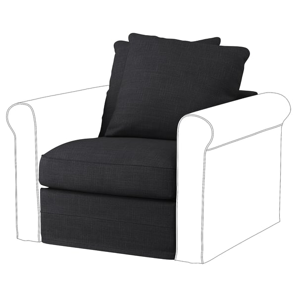 A dark grey GRÖNLID armchair with a sleek, curved design and rolled arms. The upholstery is made from a mix of cotton, polyester, viscose, and linen.