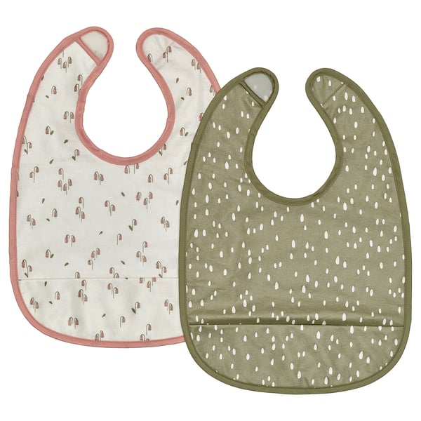 Two colorful bibs, one with pink flowers, the other green dots. Soft cotton, adjustable neck, touch-fastening.