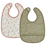 Two colorful bibs, one with pink flowers, the other green dots. Soft cotton, adjustable neck, touch-fastening.