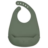 This image shows a green silicone bib designed like a cat. Its adjustable and dishwasher safe.