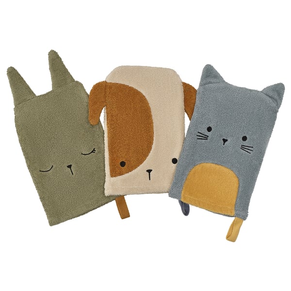 Three colorful washing mitts shaped like a cat, dog, and bear in soft organic cotton, embroidered with playful animal faces.