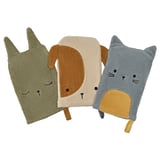 Three colorful washing mitts shaped like a cat, dog, and bear in soft organic cotton, embroidered with playful animal faces.