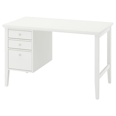 A GULLABERG white desk with three drawers. Its an all-white, rectangular, wooden desk with smooth edges, perfect for a home office.
