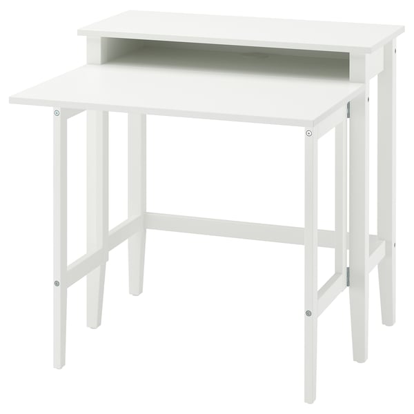 White gullaberry drop-leaf desk with storage, minimalist design.